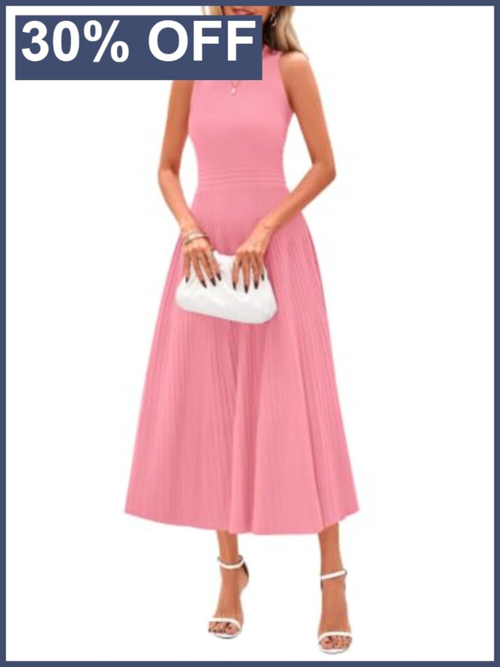 Pleated Midi Work Dress Sleeveless Crew Neck A-Line Summer